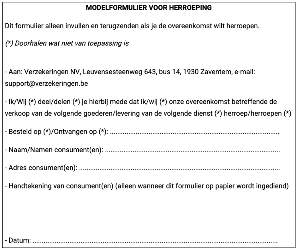 MODELFORMULIER VOOR HERROEPING Verzekeringen.be